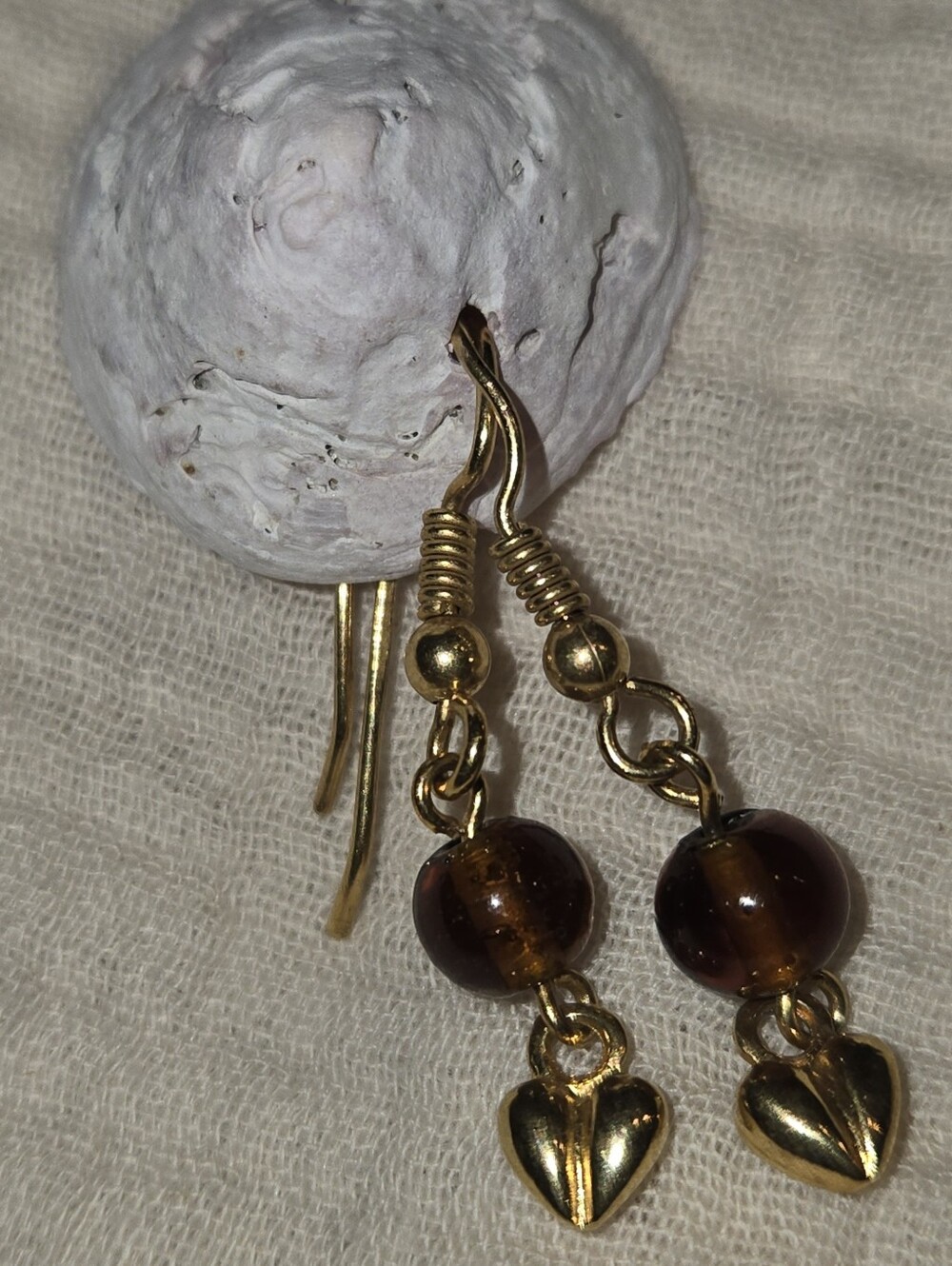 Gold-Tone Brown Beaded Heart Drop Earrings